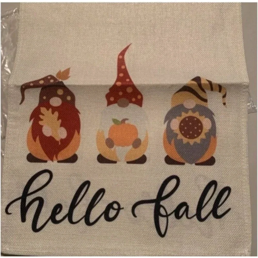 New HELLO Fall Gnomes 12”x70” table runner burlap Fall Autumn Thanksgiving    23